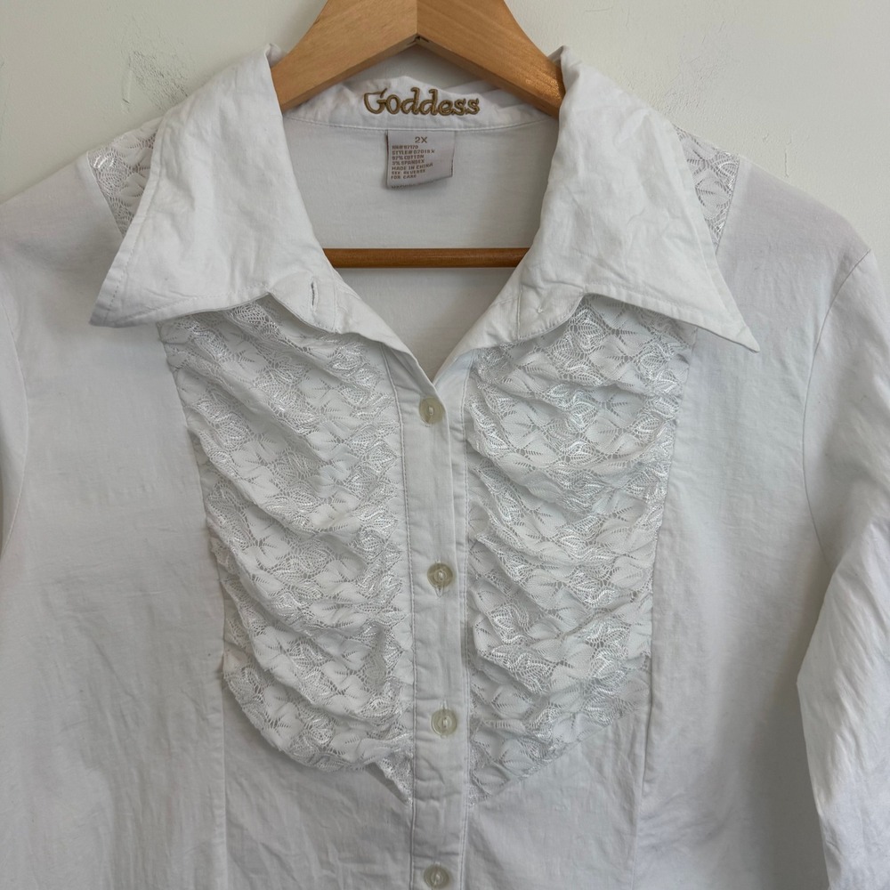 Goddess White Lace Ruffle Button Up Blouse Womens 2X Cotton Stretch G2019X - Picture 3 of 10
